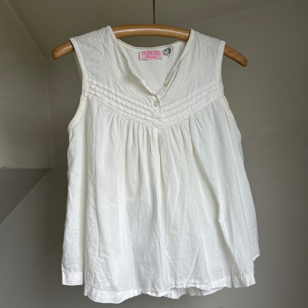 Vintage 90s Honors Babydoll Sleep Top 100% White Cotton Embroidered Pintuck Tank